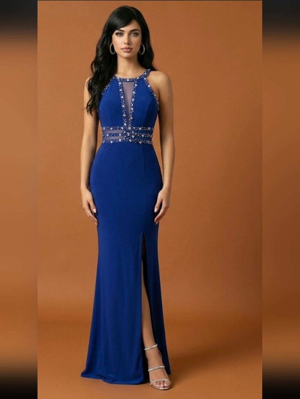 Morgan & Co. Deep Royal Blue  Beaded Illusion Gown Dress - Size 11 (Runs Small)